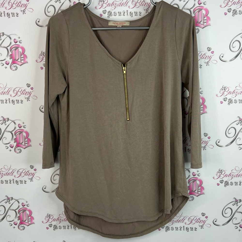 Casual Couture Green Envelope Casual Couture Zip Up Taupe V-Neck Zipper Blouse
